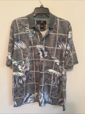 Consensus Men's Gray/Blue Palm-Print Polo Shirt